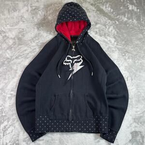 Y2K Fox Girls Zip Up Hoodie Black Lightning Spellout Motocross Women’s XL